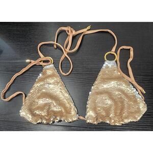 Beach Bunny Gold Sequin Siren Song Bikini Top Preowned XL